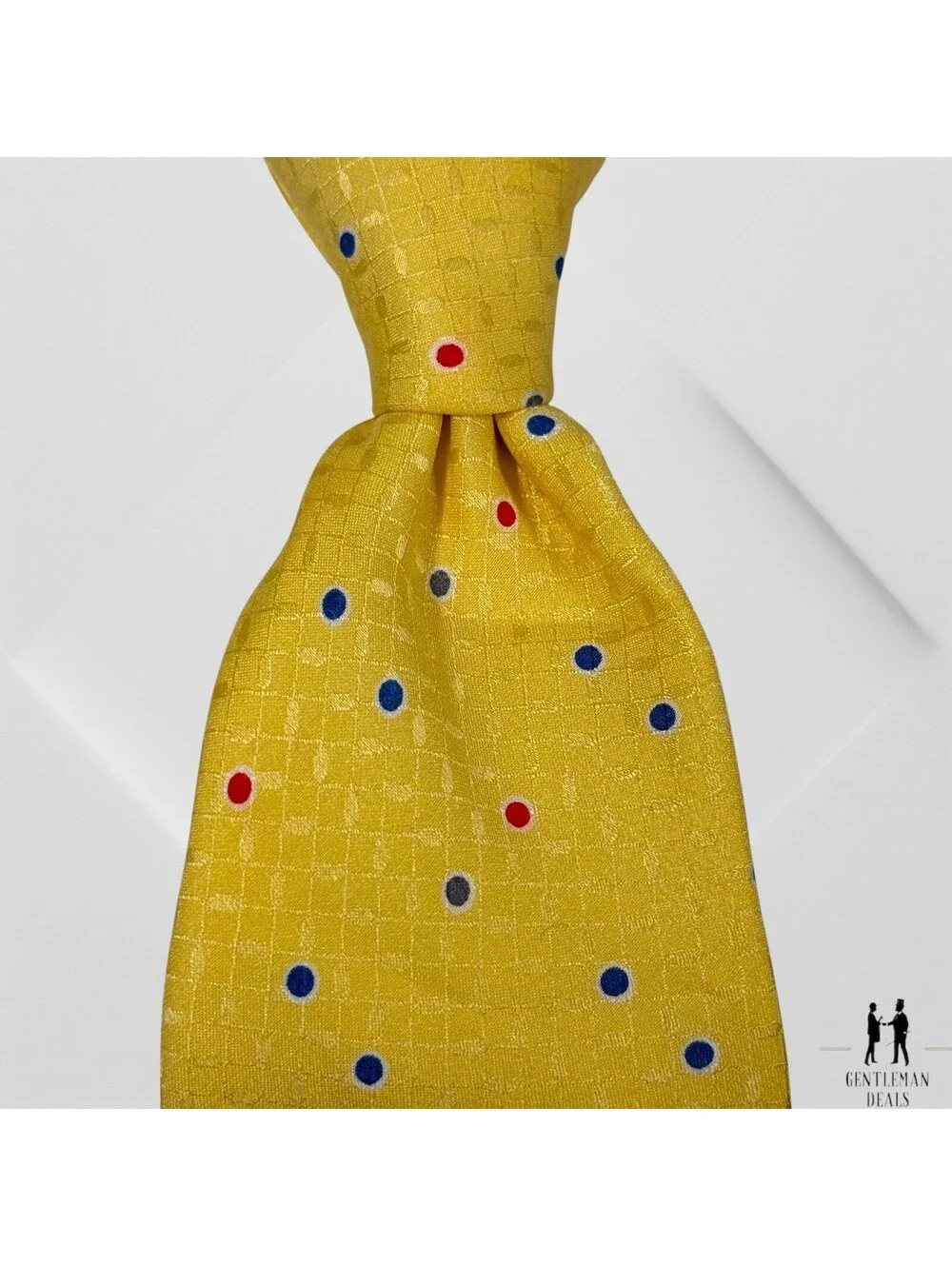 Lanvin Paris Mens 100% Silk Necktie Yellow Blue Red Polka Dots 55x3.5